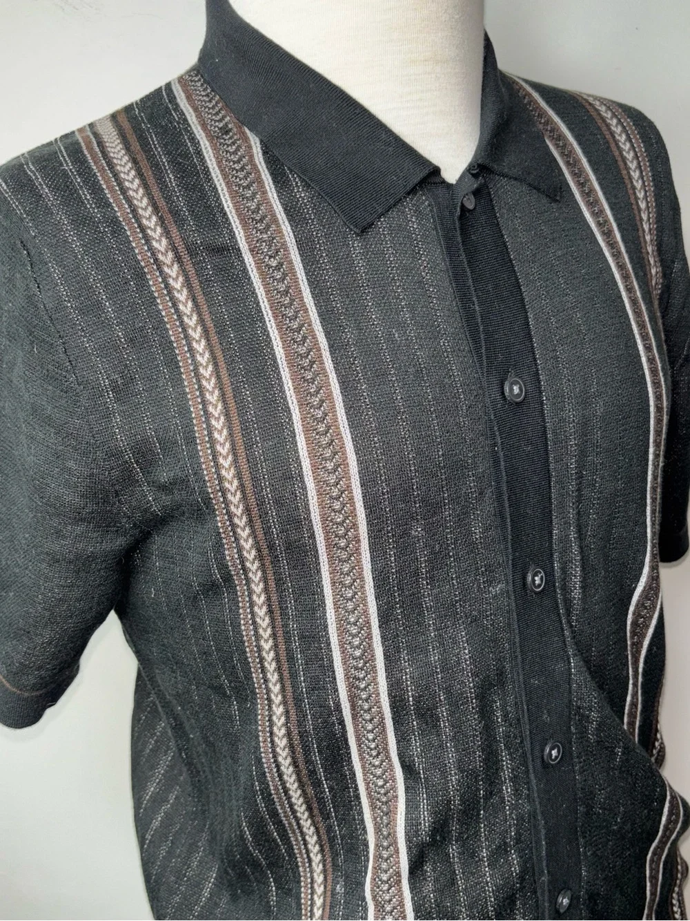 Banana Republic Retro Sweater Polo Mens M Button Black Striped Camp Collar